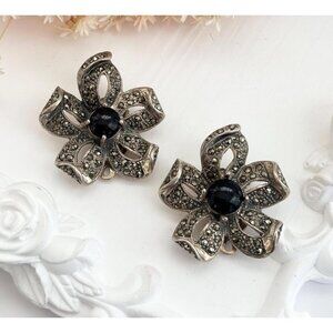 Art Deco Sterling Marcasite Floral Clip & Post Combo Vintage Stud Earrings